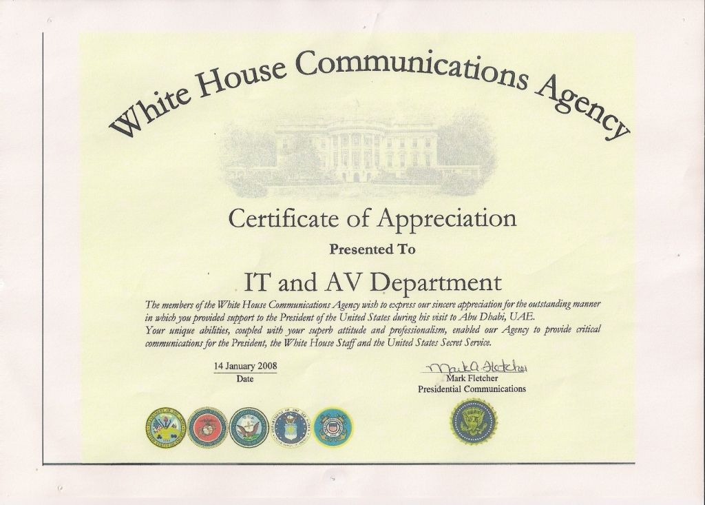 White House Communications Agency certificate of appreciation to the IT and AV Department for supporting the President during his visit to Abu Dhabi, 14 January 2008